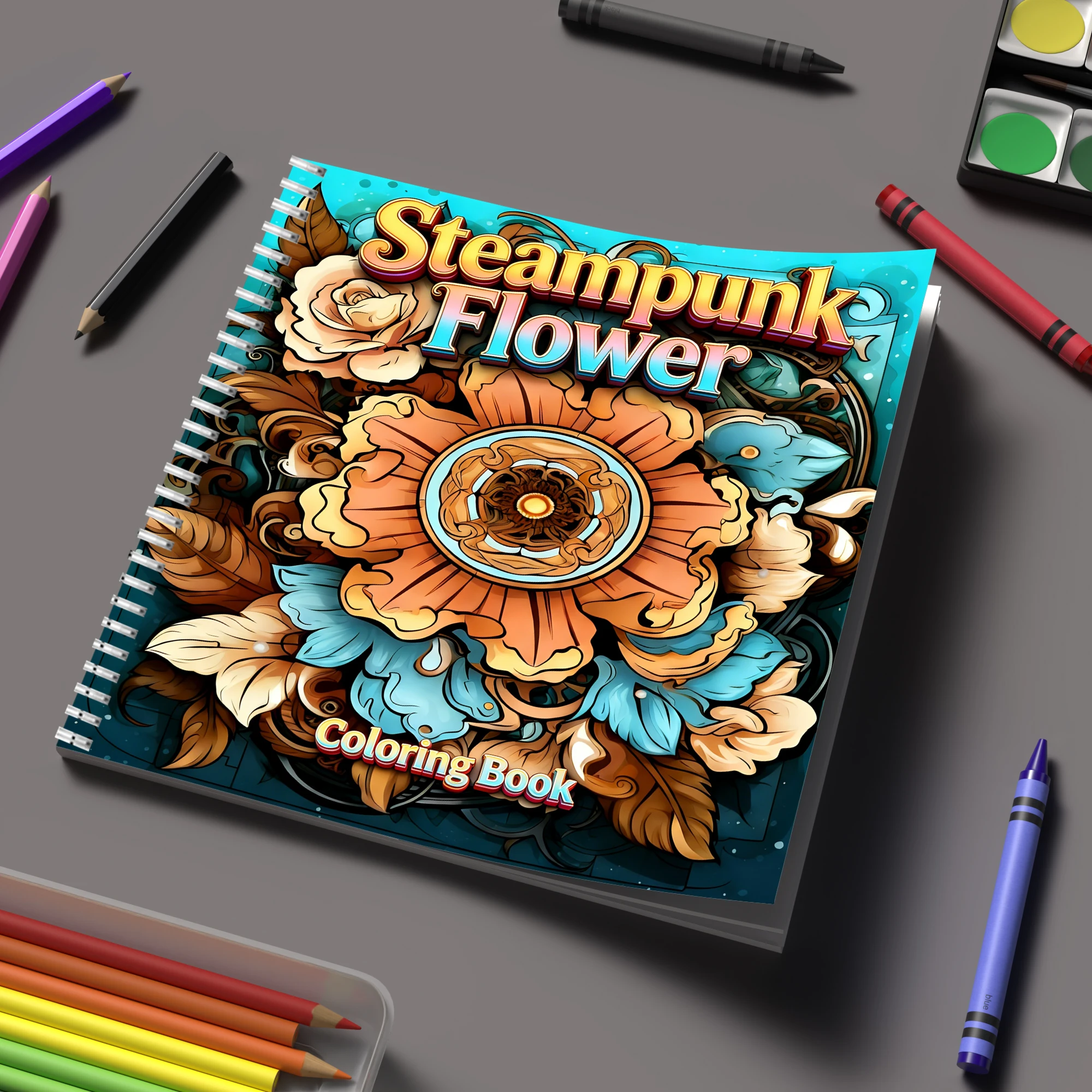 Adult Coloring Book Stress Relief - Livro de Colorir Flores Steampunk para